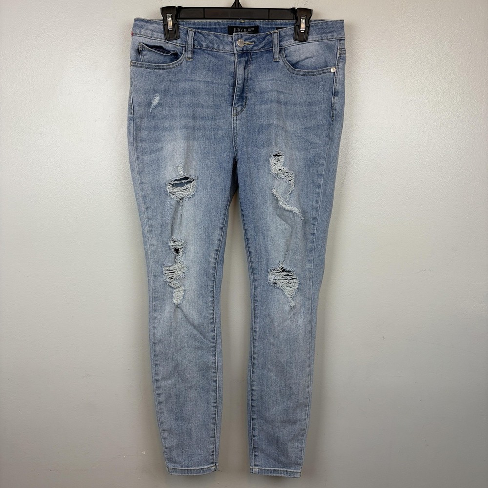 Judy‎ Blue Jeans Womens 32 Light Wash Skinny Fit Distressed Ripped Denim Stretch